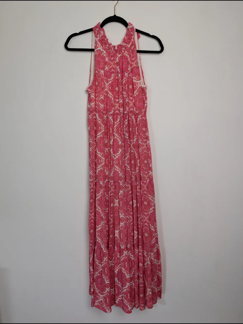 Halter Neck Flowy Geometric Tiered Maxi Dress Size S Summer Garden Party Boho